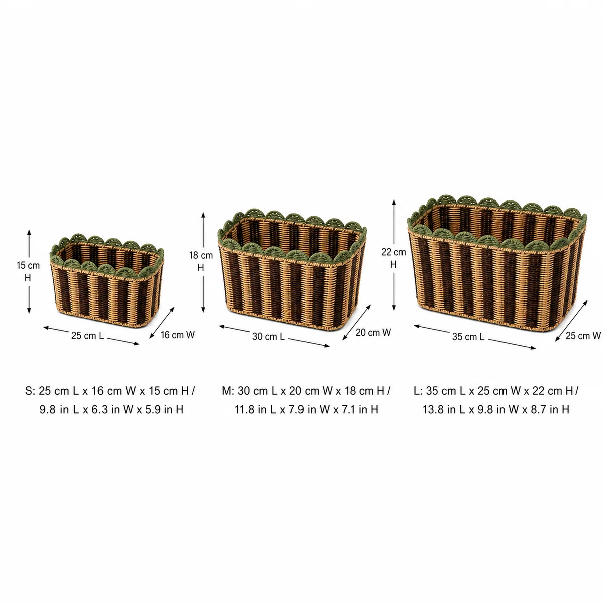 Dark Brown Natural Brown and Sage Green Paper Rope Rectangular 3-Piece Nested Basket Set with Scalloped Rim