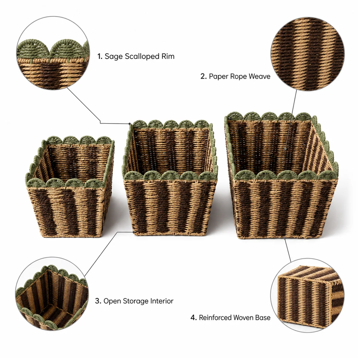 Dark Brown Natural Brown and Sage Green Paper Rope Rectangular 3-Piece Nested Basket Set with Scalloped Rim