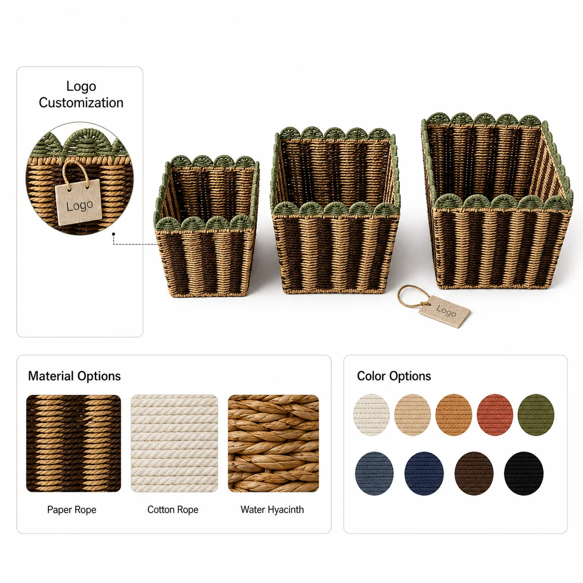 Dark Brown Natural Brown and Sage Green Paper Rope Rectangular 3-Piece Nested Basket Set with Scalloped Rim