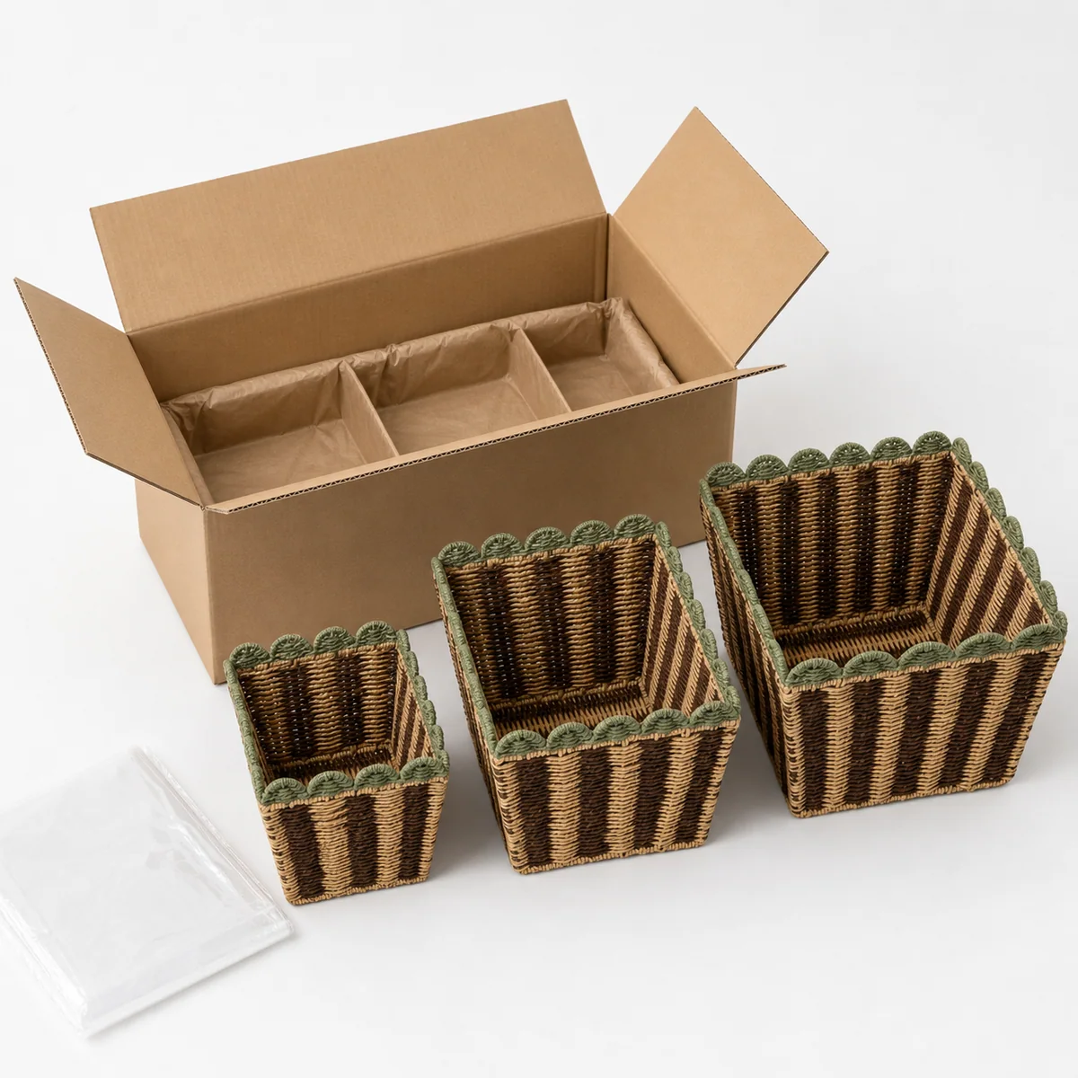Dark Brown Natural Brown and Sage Green Paper Rope Rectangular 3-Piece Nested Basket Set with Scalloped Rim