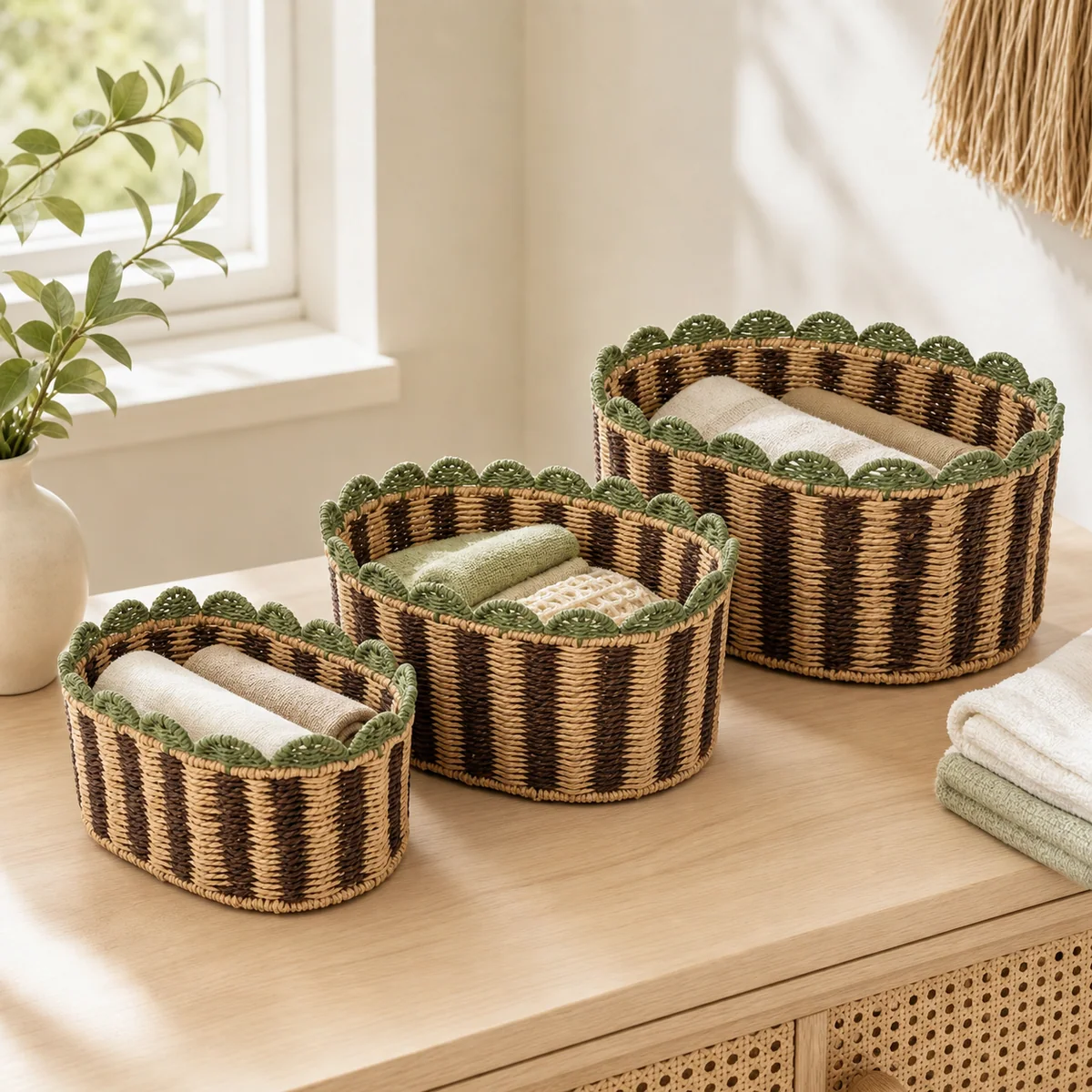 Dark Brown Natural Brown and Sage Green Paper Rope Rounded Square 3-Piece Nested Basket Set with Scalloped Rim