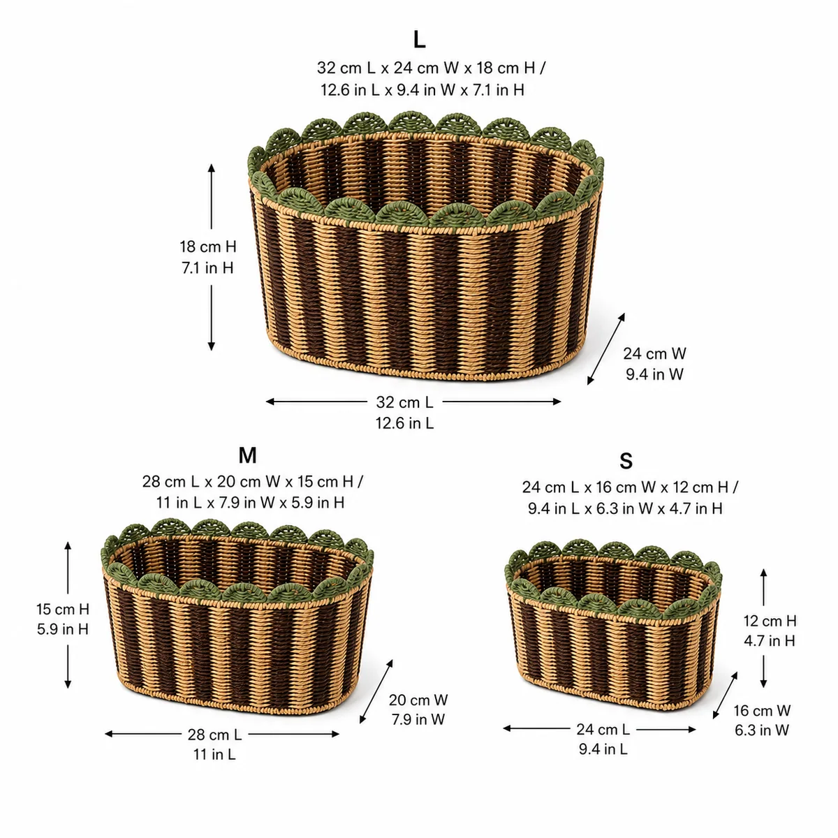 Dark Brown Natural Brown and Sage Green Paper Rope Rounded Square 3-Piece Nested Basket Set with Scalloped Rim