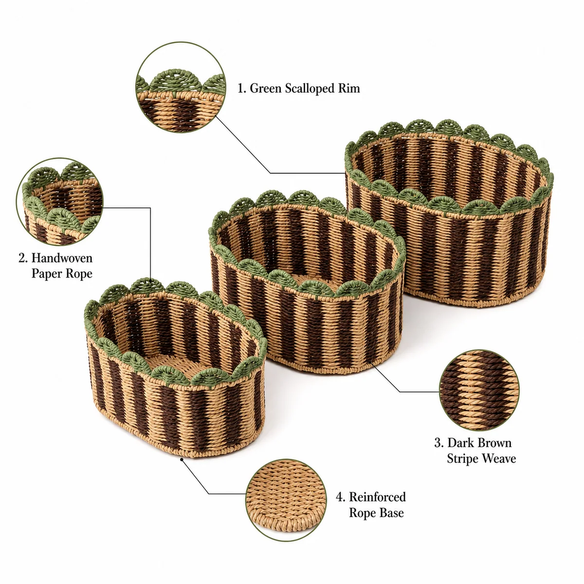 Dark Brown Natural Brown and Sage Green Paper Rope Rounded Square 3-Piece Nested Basket Set with Scalloped Rim