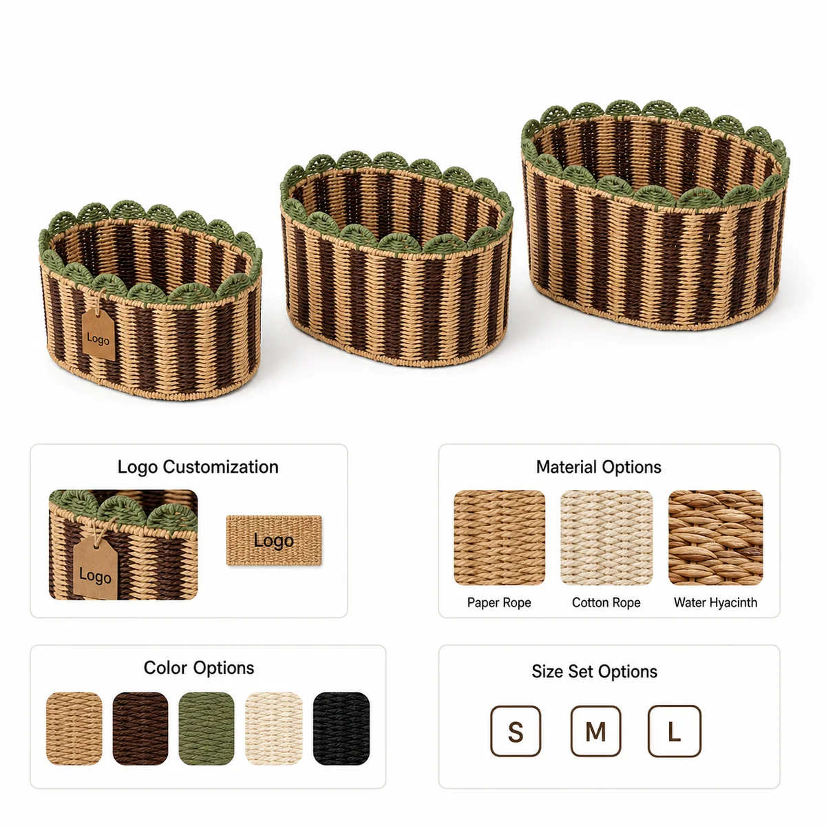 Dark Brown Natural Brown and Sage Green Paper Rope Rounded Square 3-Piece Nested Basket Set with Scalloped Rim