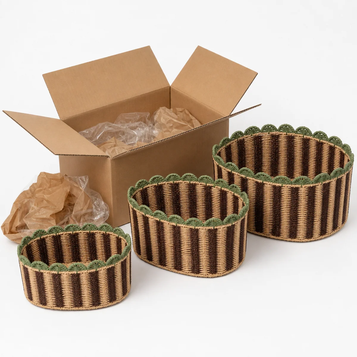 Dark Brown Natural Brown and Sage Green Paper Rope Rounded Square 3-Piece Nested Basket Set with Scalloped Rim
