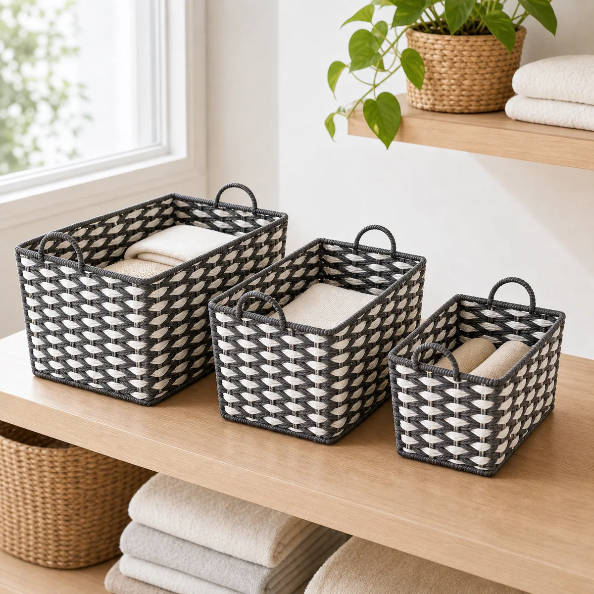 Charcoal Gray and White Paper Rope Rectangular 3-Piece Nested Basket Set with Arch Handles and Fish Scale Weave