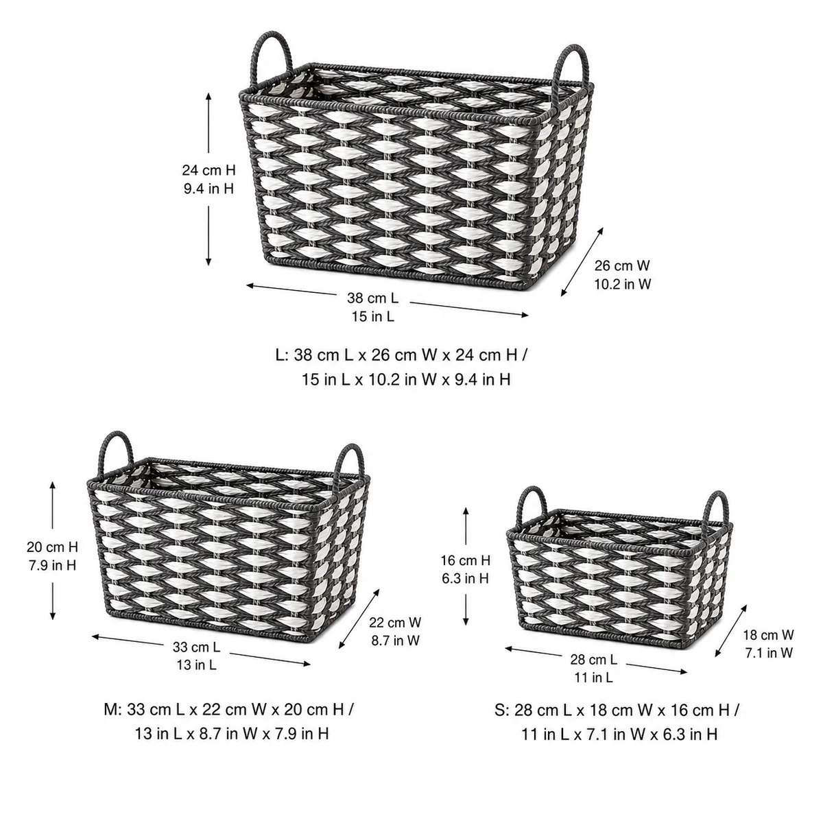 Charcoal Gray and White Paper Rope Rectangular 3-Piece Nested Basket Set with Arch Handles and Fish Scale Weave