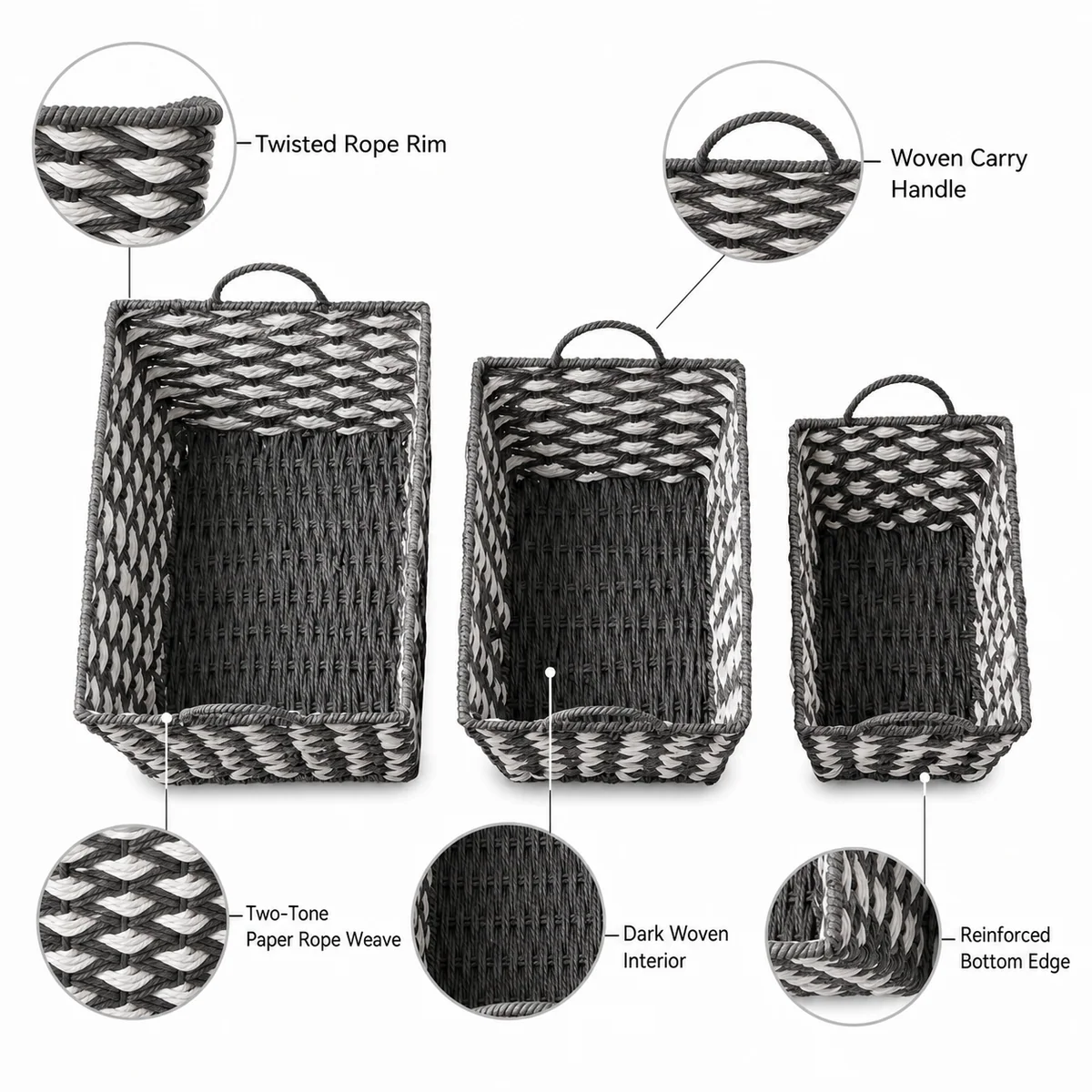 Charcoal Gray and White Paper Rope Rectangular 3-Piece Nested Basket Set with Arch Handles and Fish Scale Weave