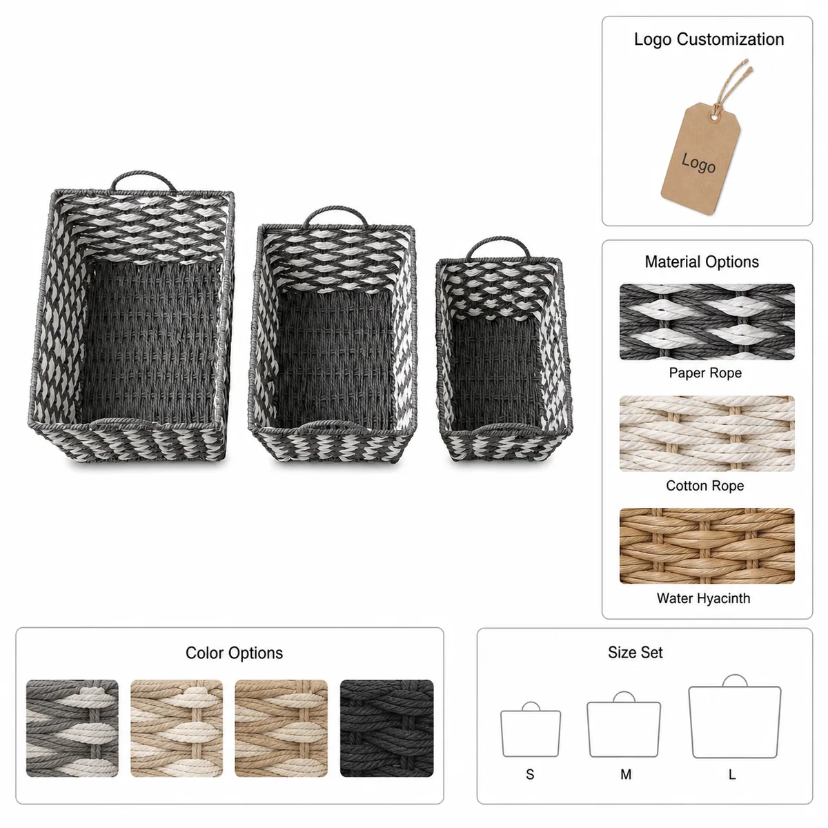 Charcoal Gray and White Paper Rope Rectangular 3-Piece Nested Basket Set with Arch Handles and Fish Scale Weave