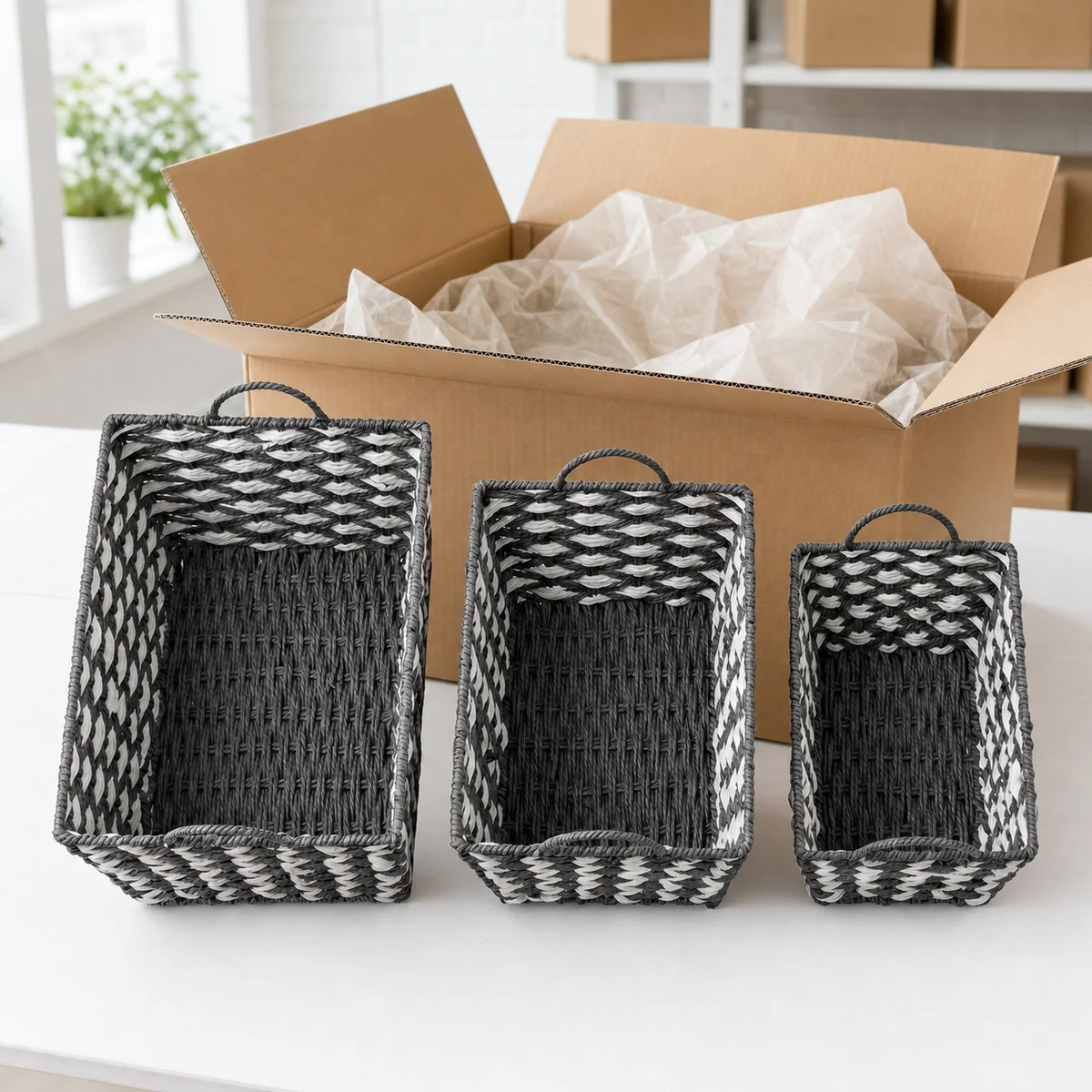 Charcoal Gray and White Paper Rope Rectangular 3-Piece Nested Basket Set with Arch Handles and Fish Scale Weave