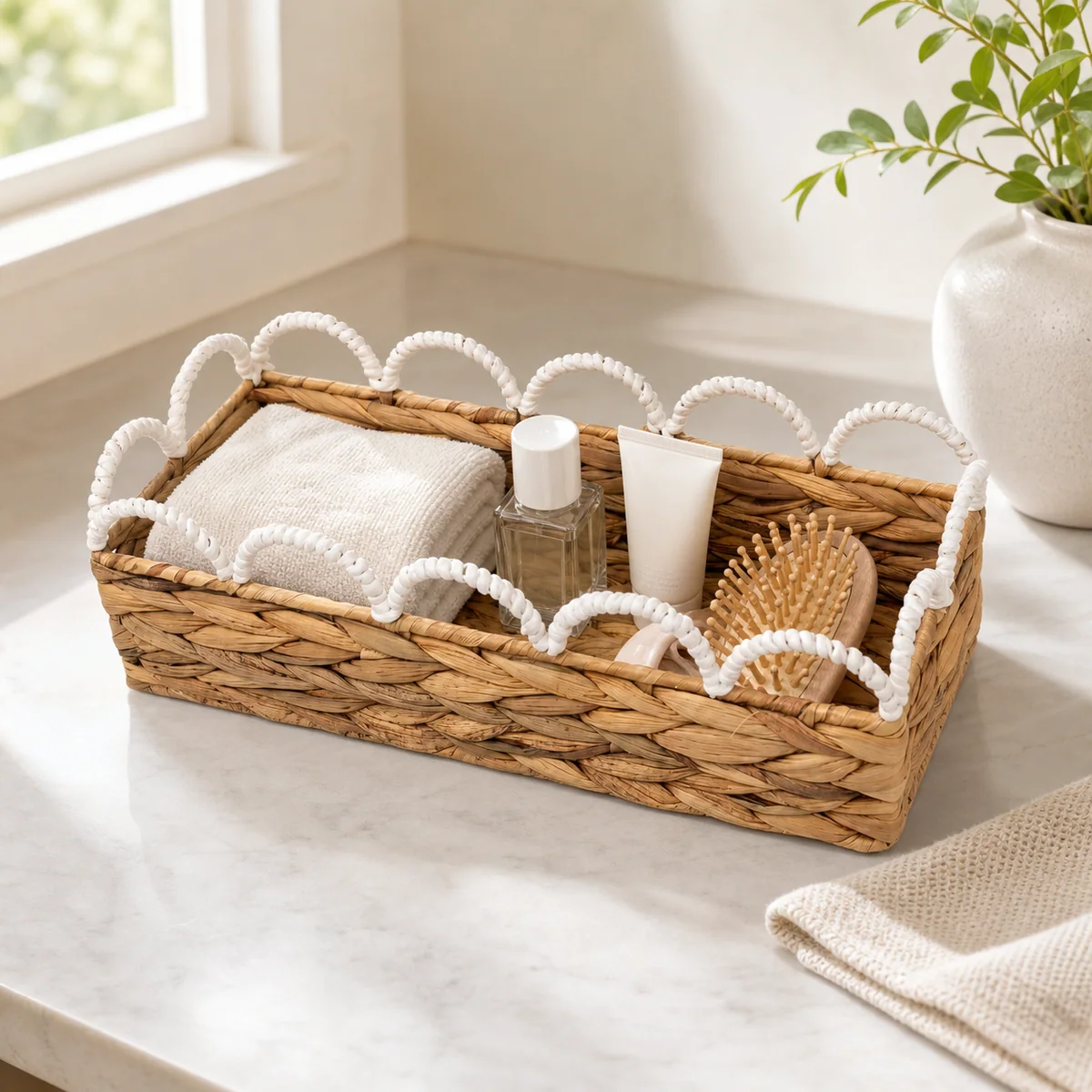 Natural Honey Brown Water Hyacinth Rectangular Shallow Storage Tray with White Wavy Rail Handles