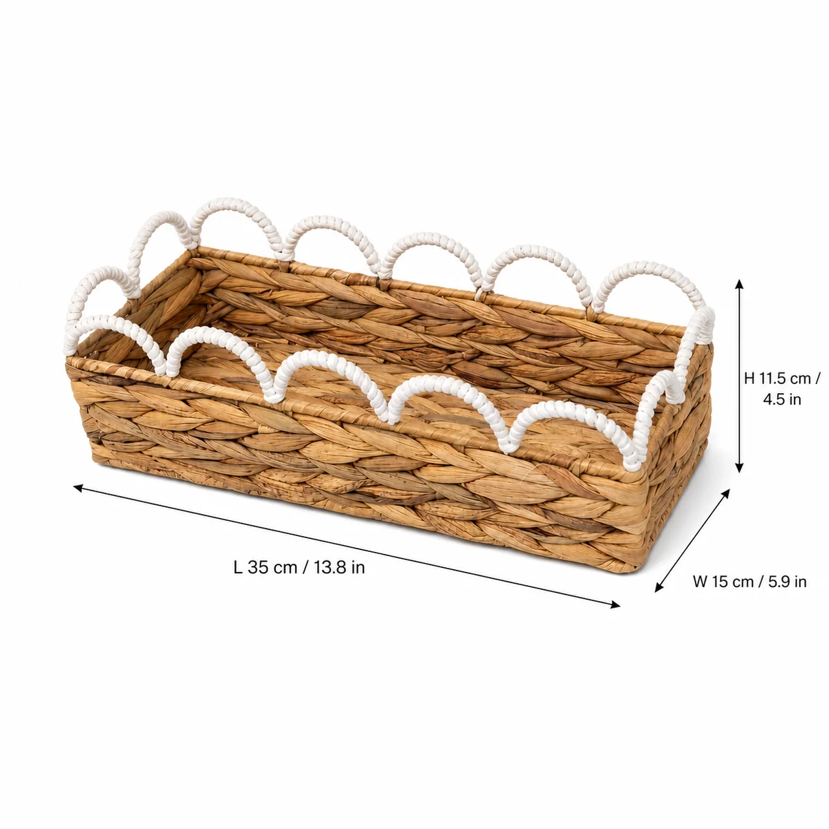 Natural Honey Brown Water Hyacinth Rectangular Shallow Storage Tray with White Wavy Rail Handles