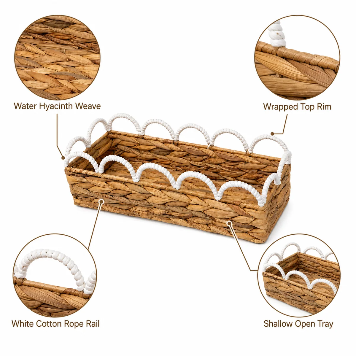 Natural Honey Brown Water Hyacinth Rectangular Shallow Storage Tray with White Wavy Rail Handles