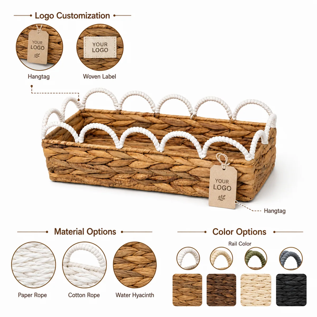 Natural Honey Brown Water Hyacinth Rectangular Shallow Storage Tray with White Wavy Rail Handles