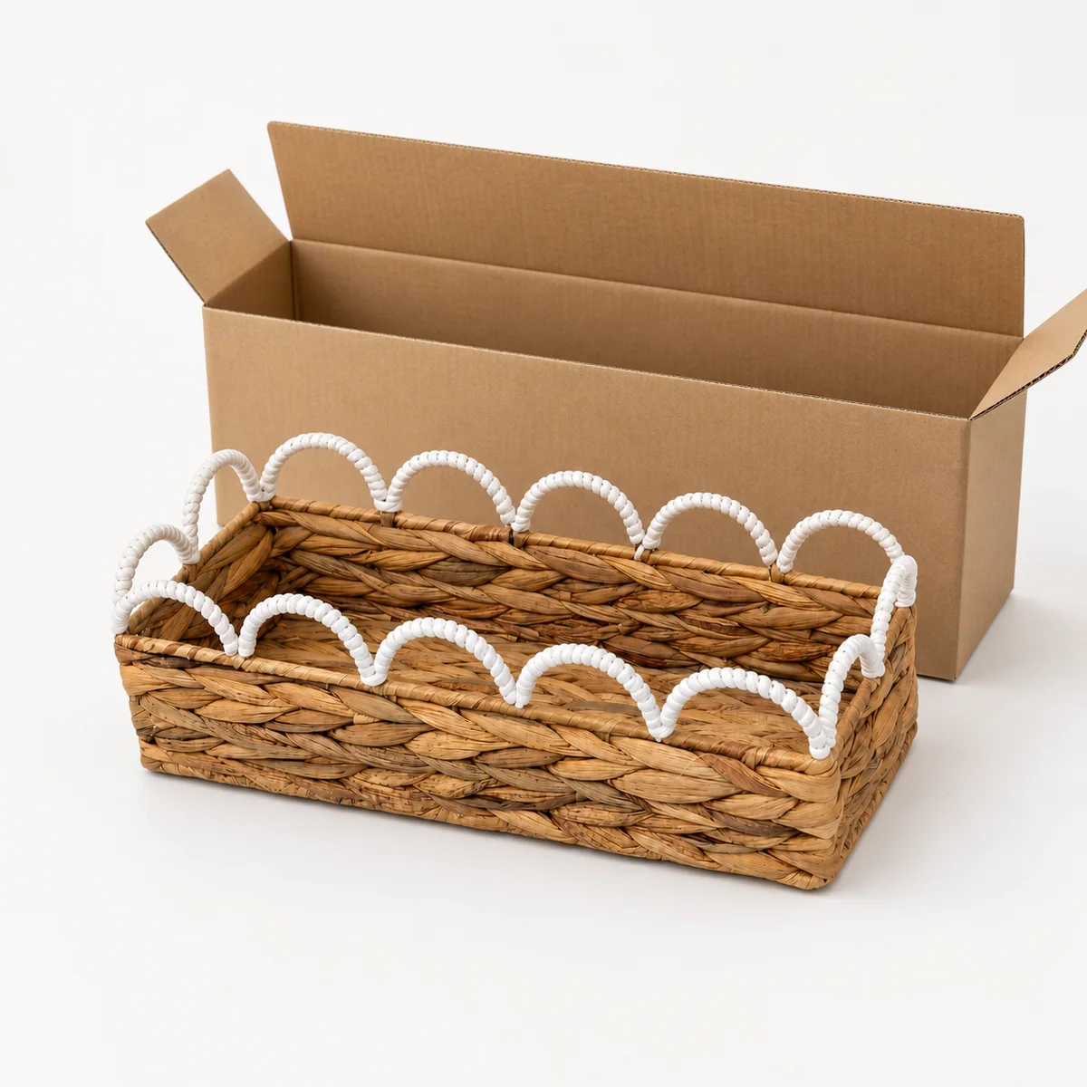 Natural Honey Brown Water Hyacinth Rectangular Shallow Storage Tray with White Wavy Rail Handles