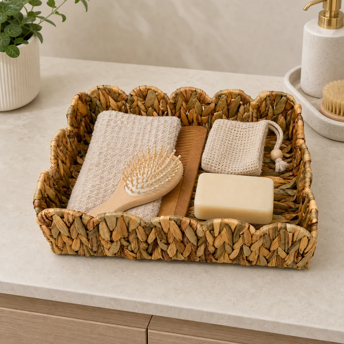 Natural Yellow Brown Water Hyacinth Rectangular Shallow Storage Tray with Scalloped Petal Rim