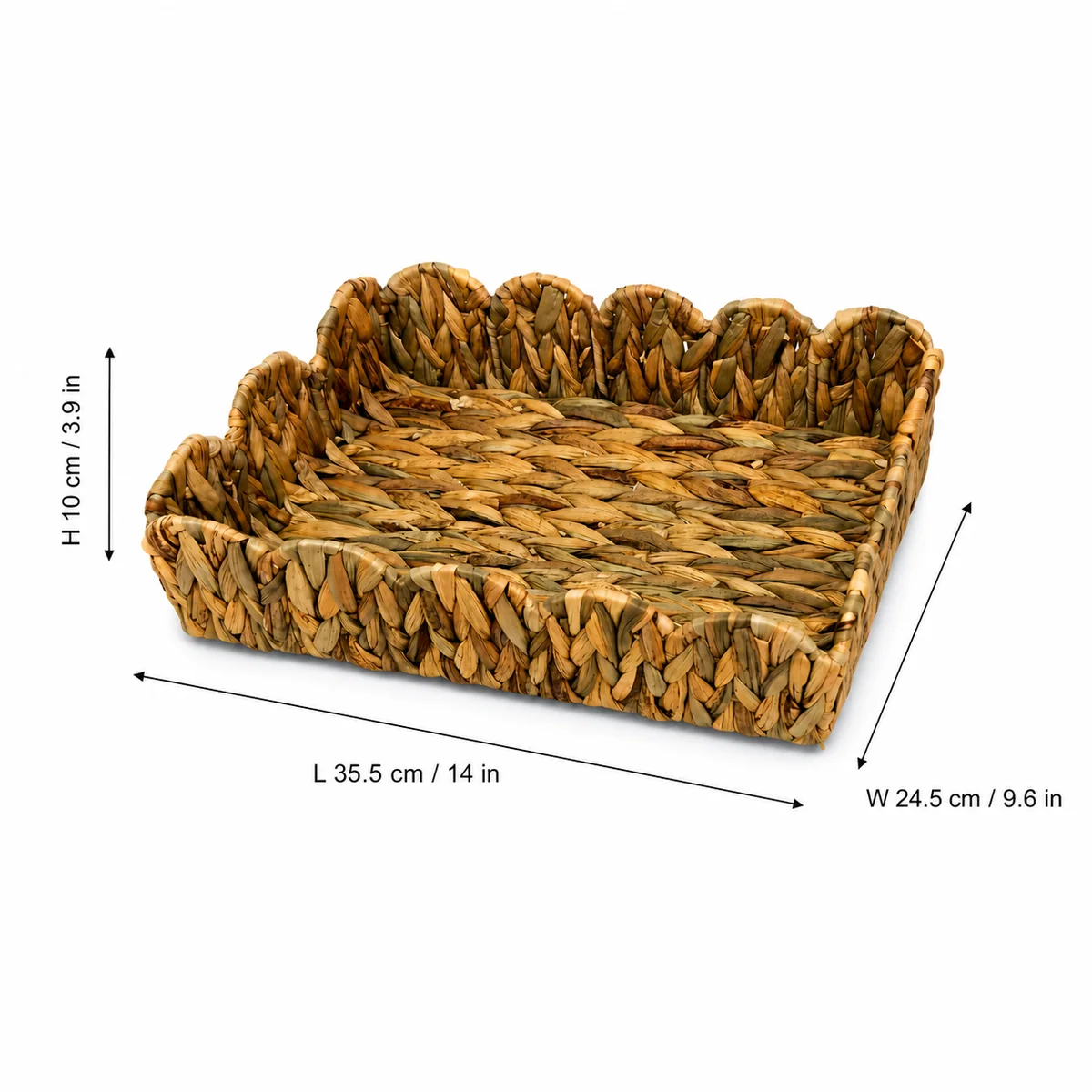 Natural Yellow Brown Water Hyacinth Rectangular Shallow Storage Tray with Scalloped Petal Rim