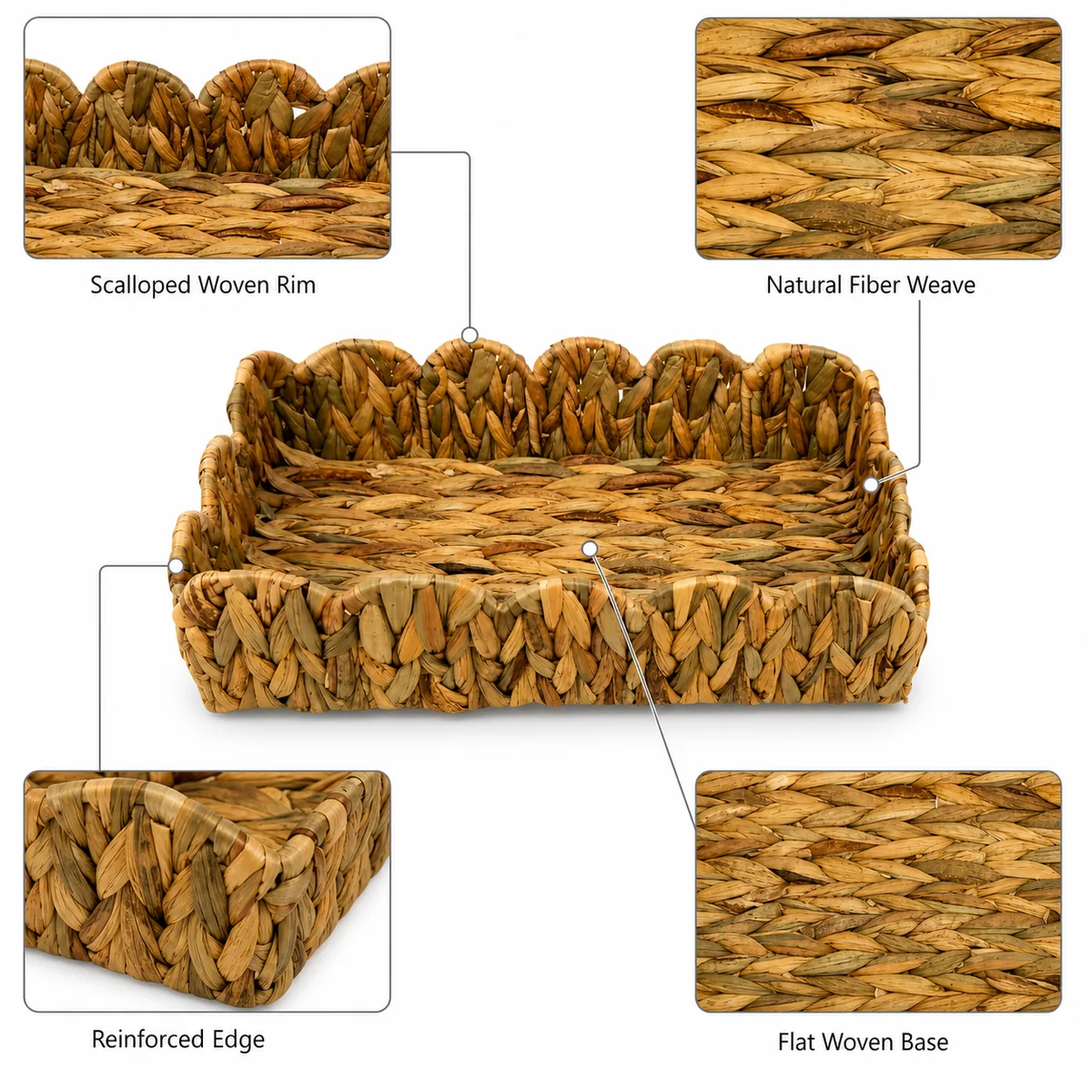 Natural Yellow Brown Water Hyacinth Rectangular Shallow Storage Tray with Scalloped Petal Rim