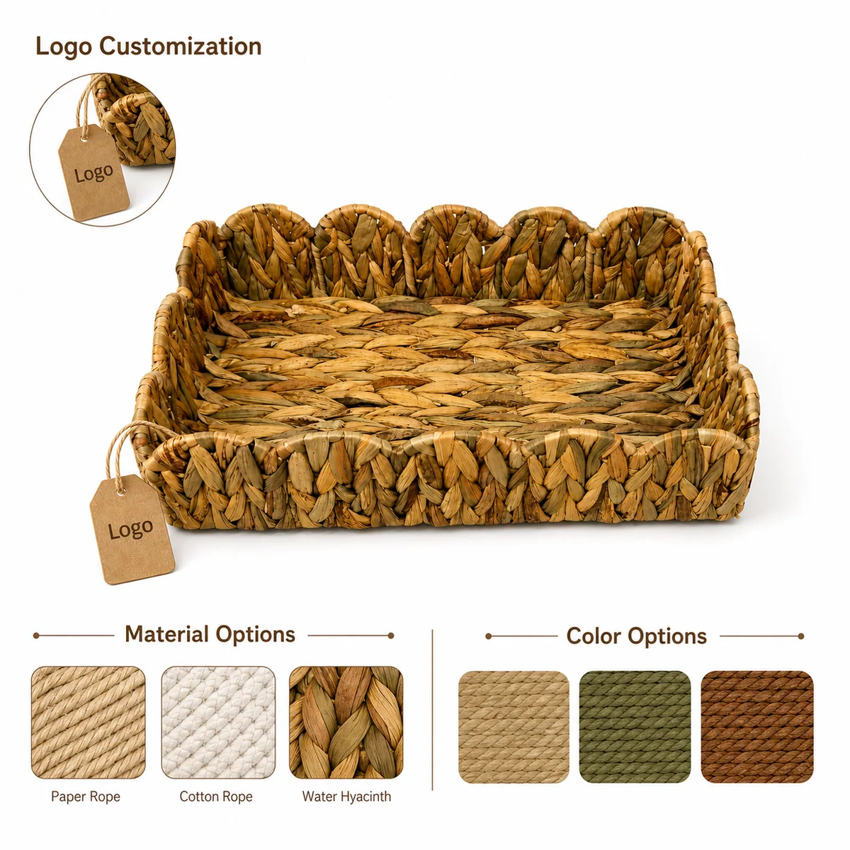 Natural Yellow Brown Water Hyacinth Rectangular Shallow Storage Tray with Scalloped Petal Rim