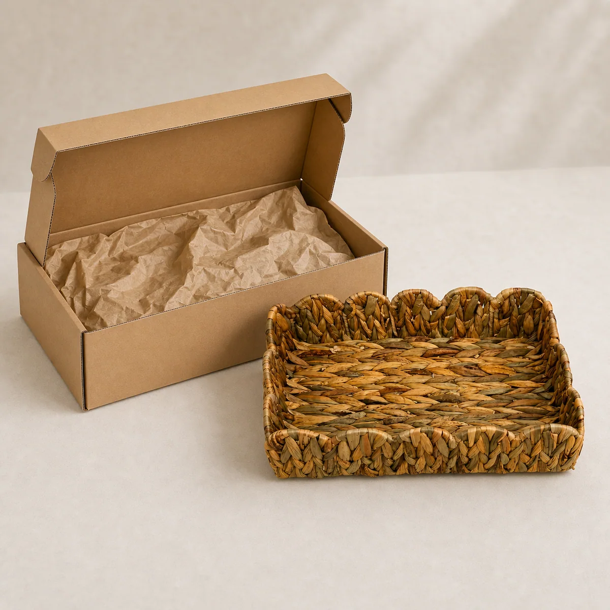 Natural Yellow Brown Water Hyacinth Rectangular Shallow Storage Tray with Scalloped Petal Rim