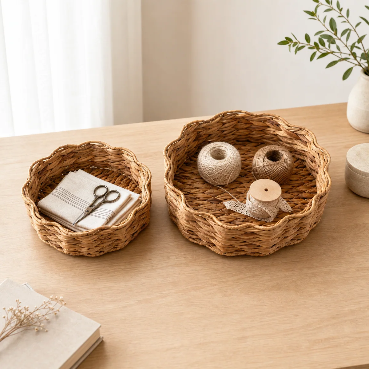 Natural Yellow Brown Water Hyacinth Round 2-Piece Nested Basket Set with Scalloped Petal Rim