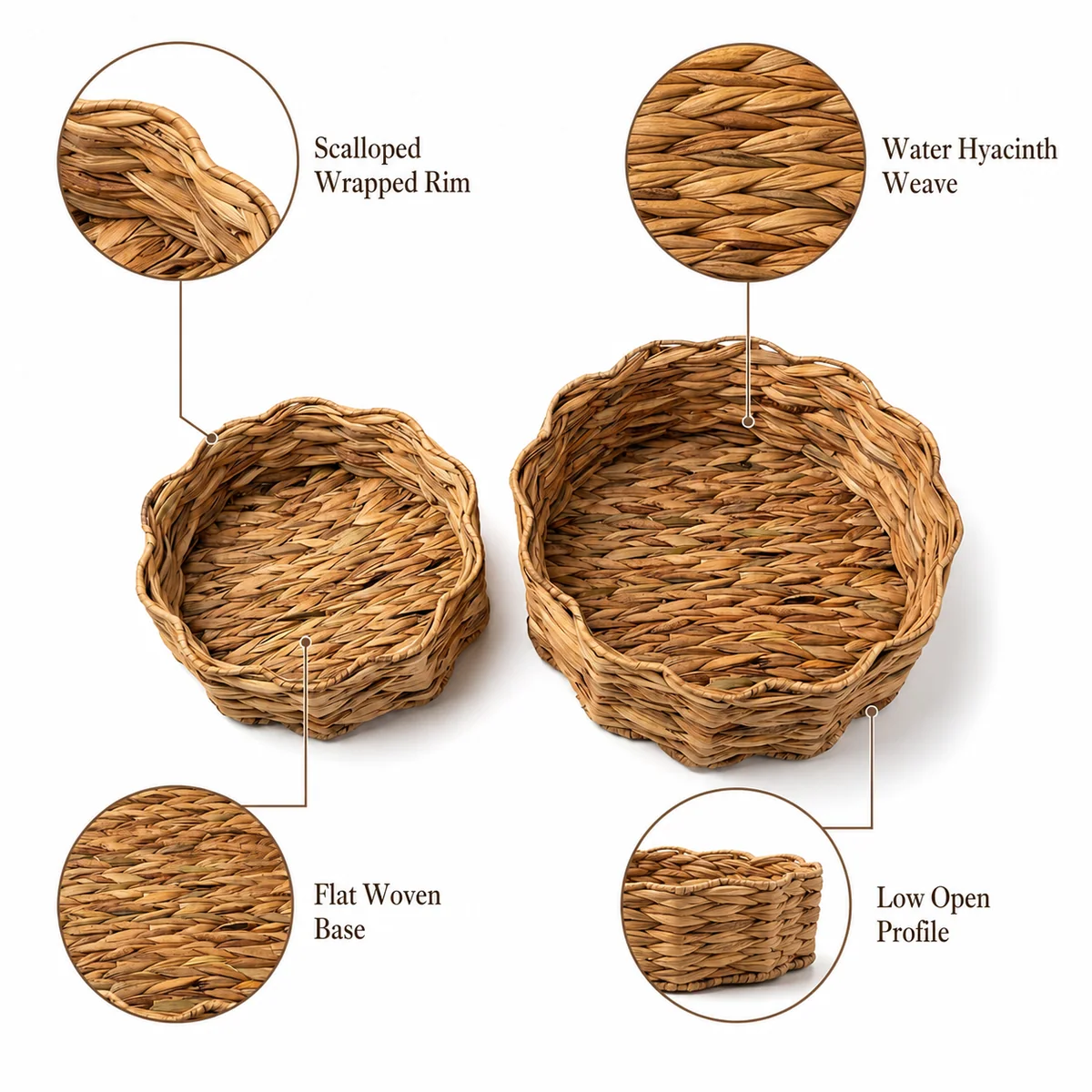 Natural Yellow Brown Water Hyacinth Round 2-Piece Nested Basket Set with Scalloped Petal Rim