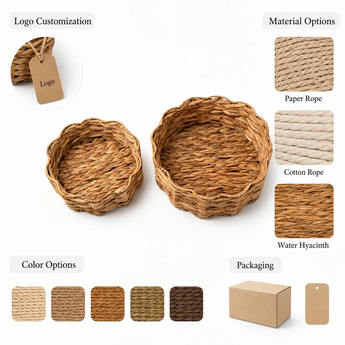 Natural Yellow Brown Water Hyacinth Round 2-Piece Nested Basket Set with Scalloped Petal Rim