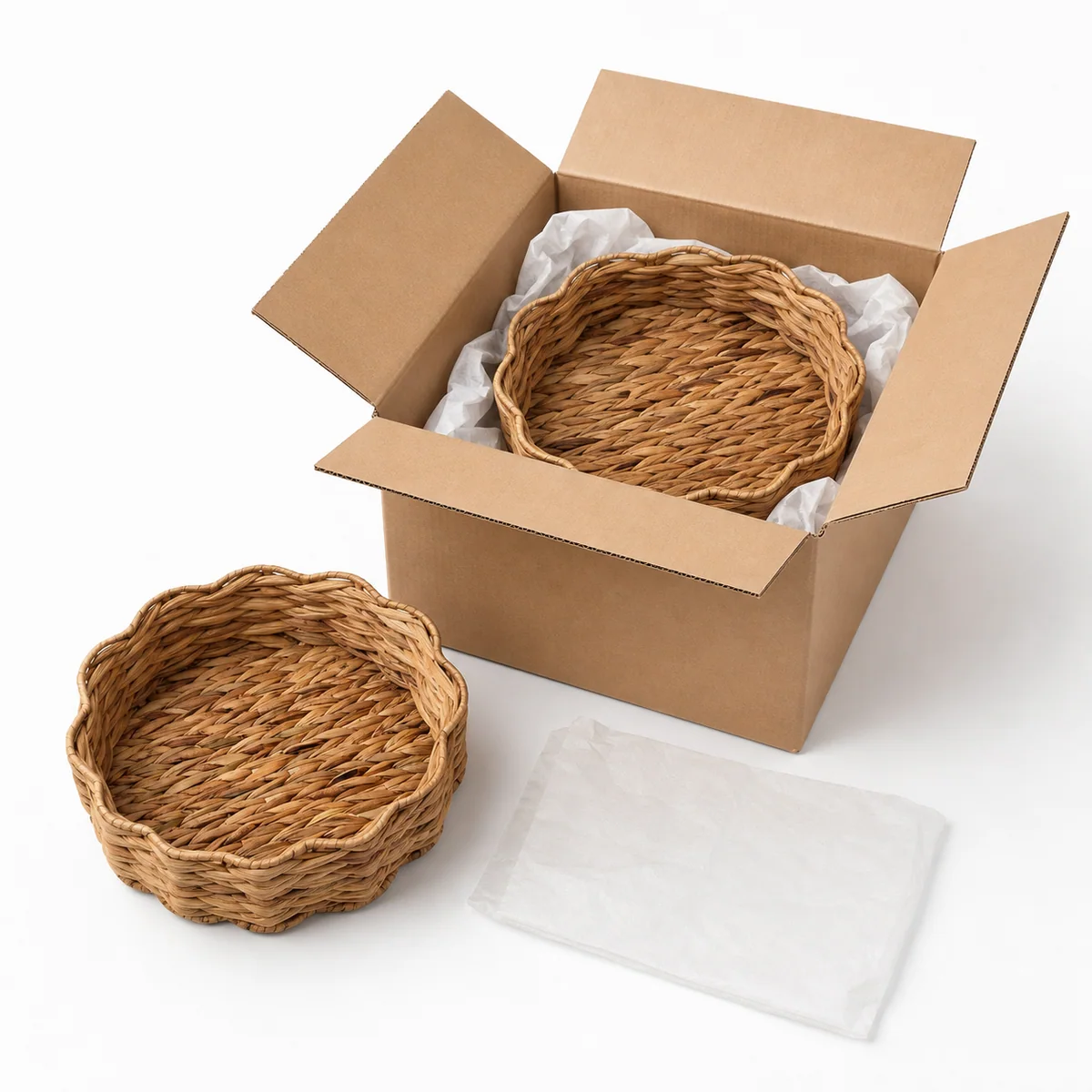 Natural Yellow Brown Water Hyacinth Round 2-Piece Nested Basket Set with Scalloped Petal Rim