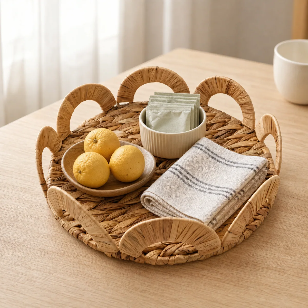 Natural Yellow Brown Water Hyacinth Round Shallow Serving Tray with Arch Rail Handles