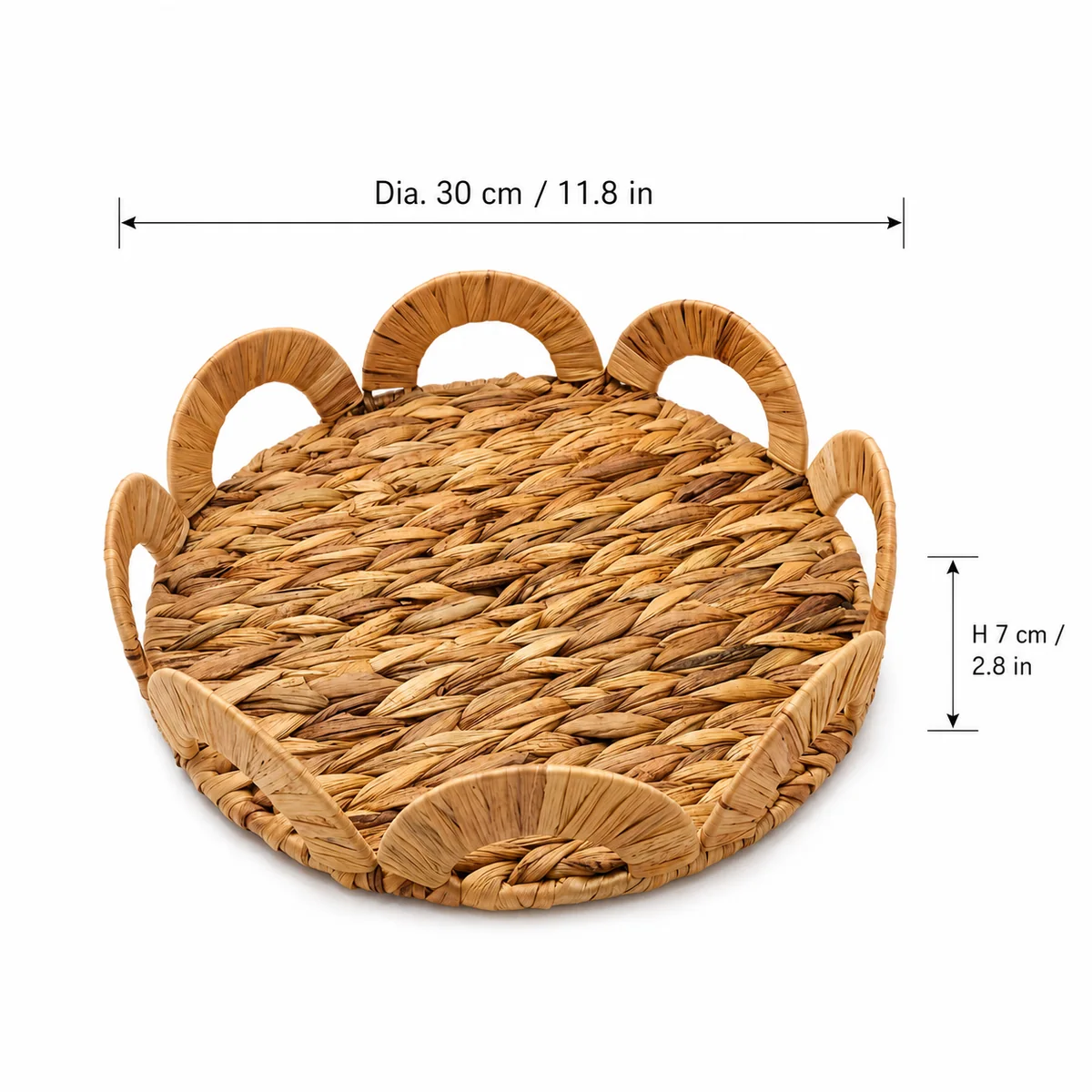 Natural Yellow Brown Water Hyacinth Round Shallow Serving Tray with Arch Rail Handles