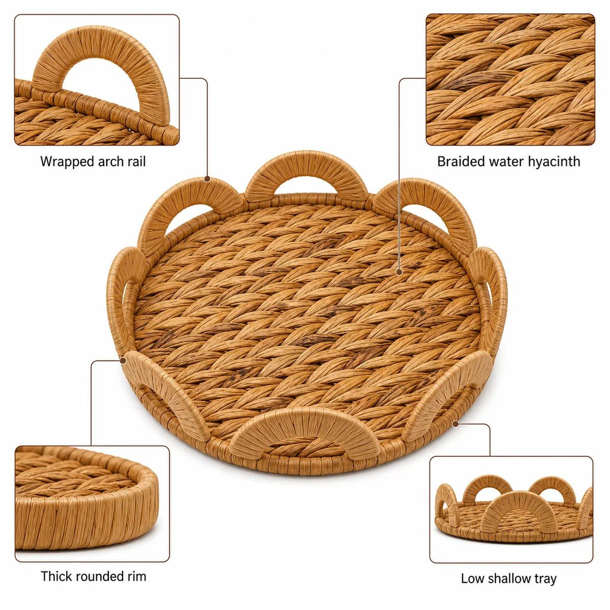 Natural Yellow Brown Water Hyacinth Round Shallow Serving Tray with Arch Rail Handles