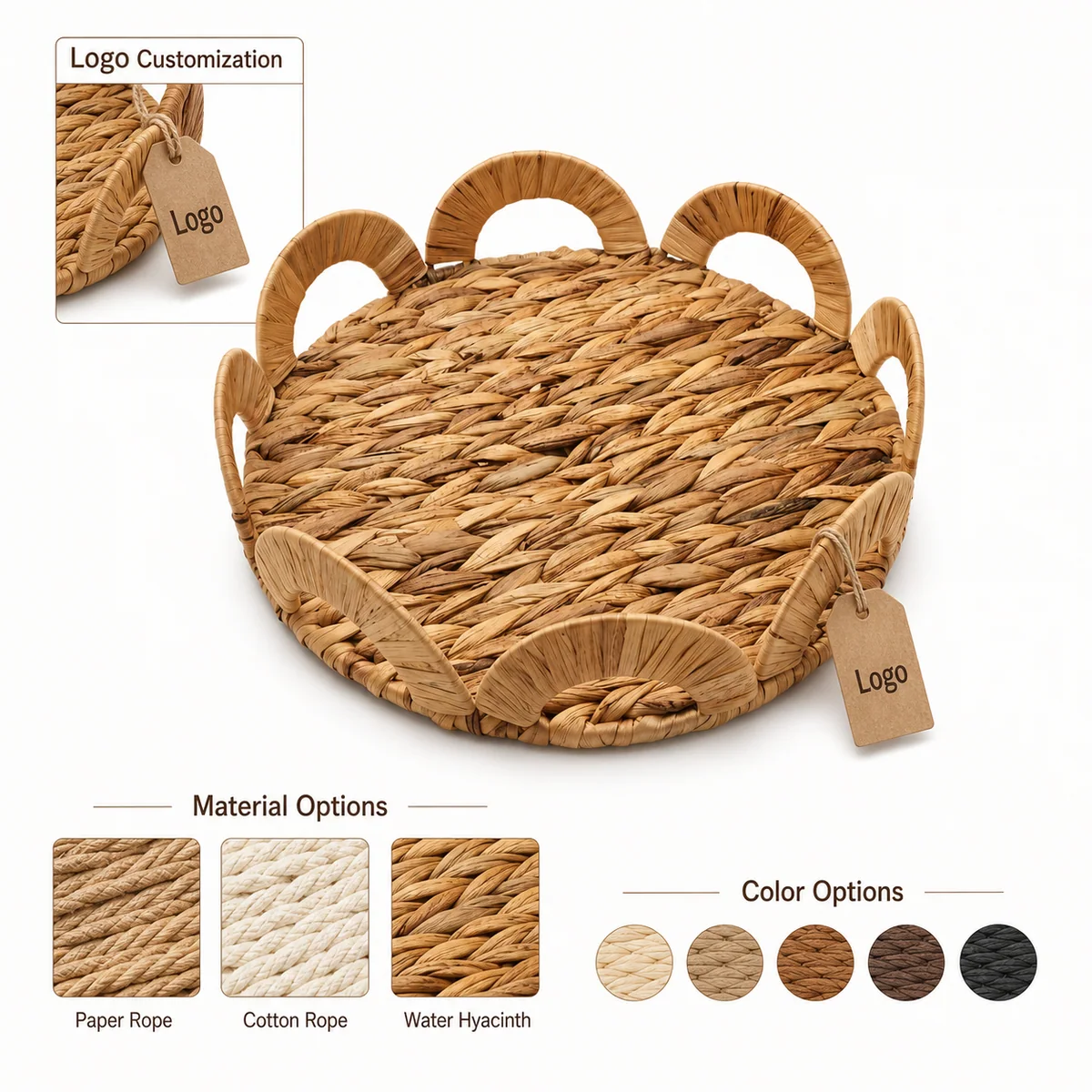 Natural Yellow Brown Water Hyacinth Round Shallow Serving Tray with Arch Rail Handles