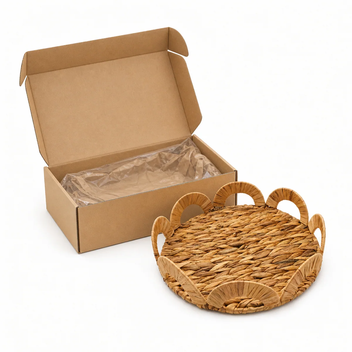 Natural Yellow Brown Water Hyacinth Round Shallow Serving Tray with Arch Rail Handles
