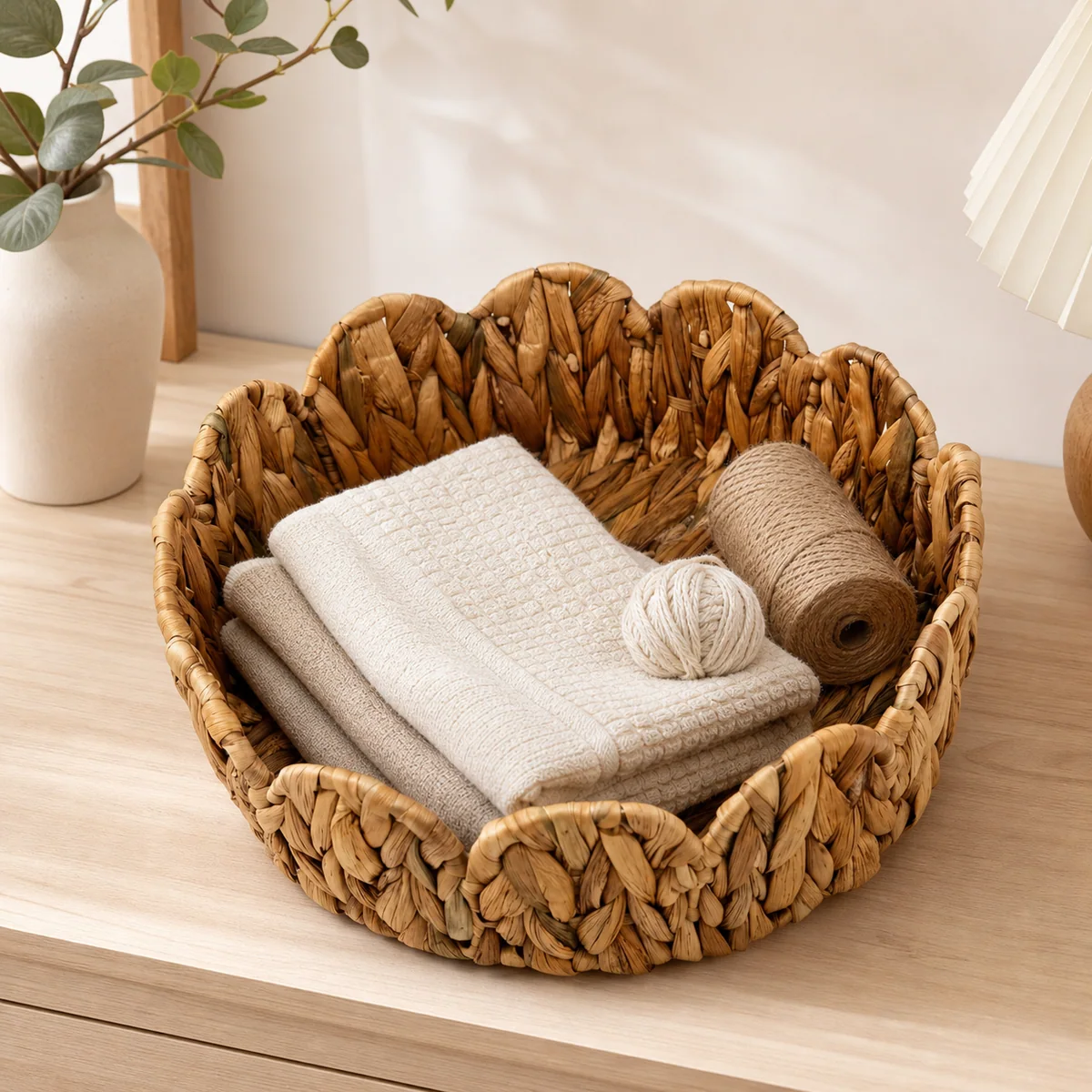 Natural Yellow Brown Water Hyacinth Round Storage Basket with Scalloped Petal Rim