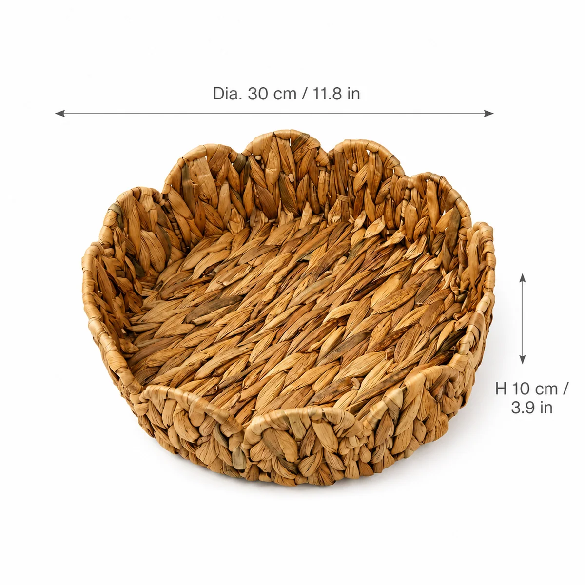 Natural Yellow Brown Water Hyacinth Round Storage Basket with Scalloped Petal Rim