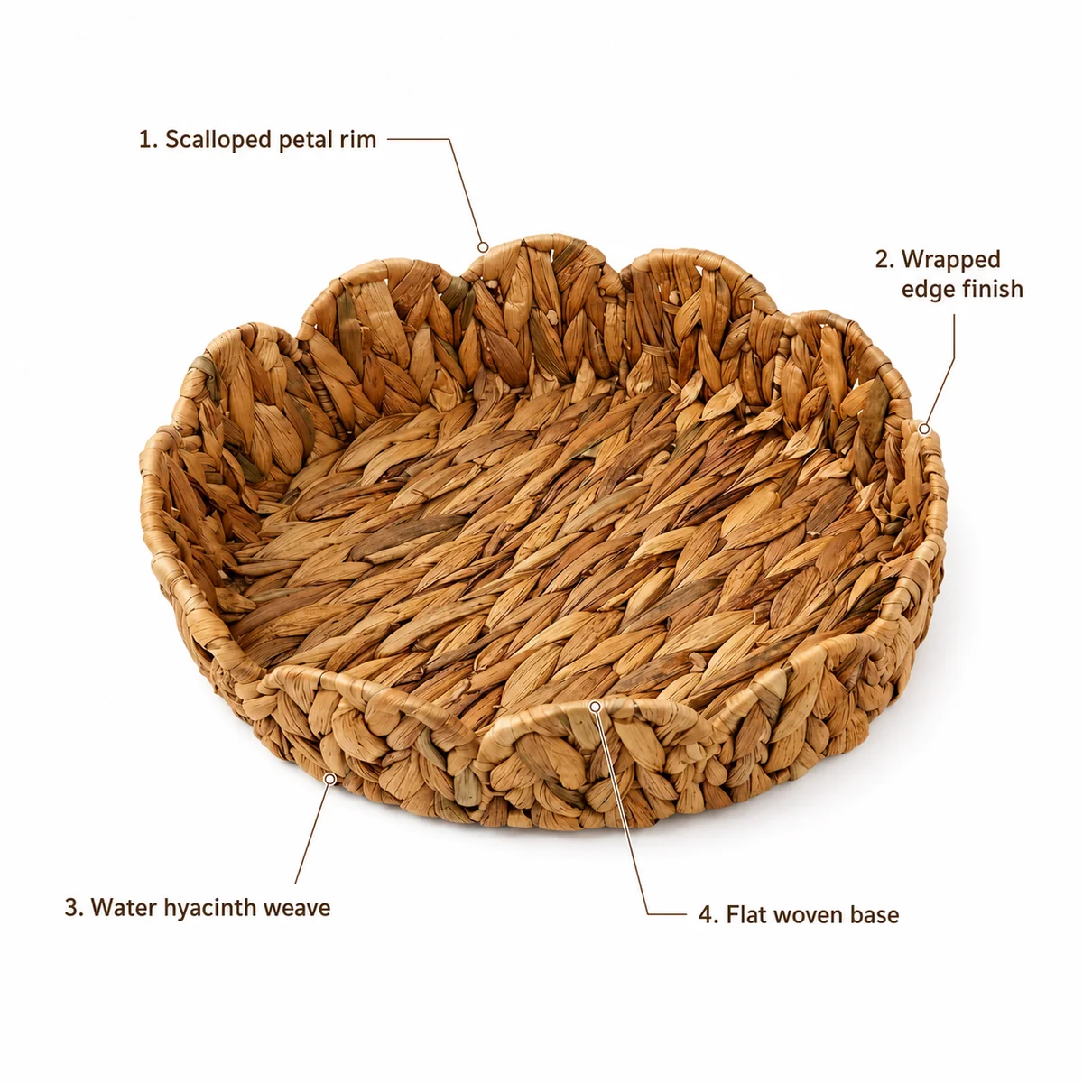 Natural Yellow Brown Water Hyacinth Round Storage Basket with Scalloped Petal Rim