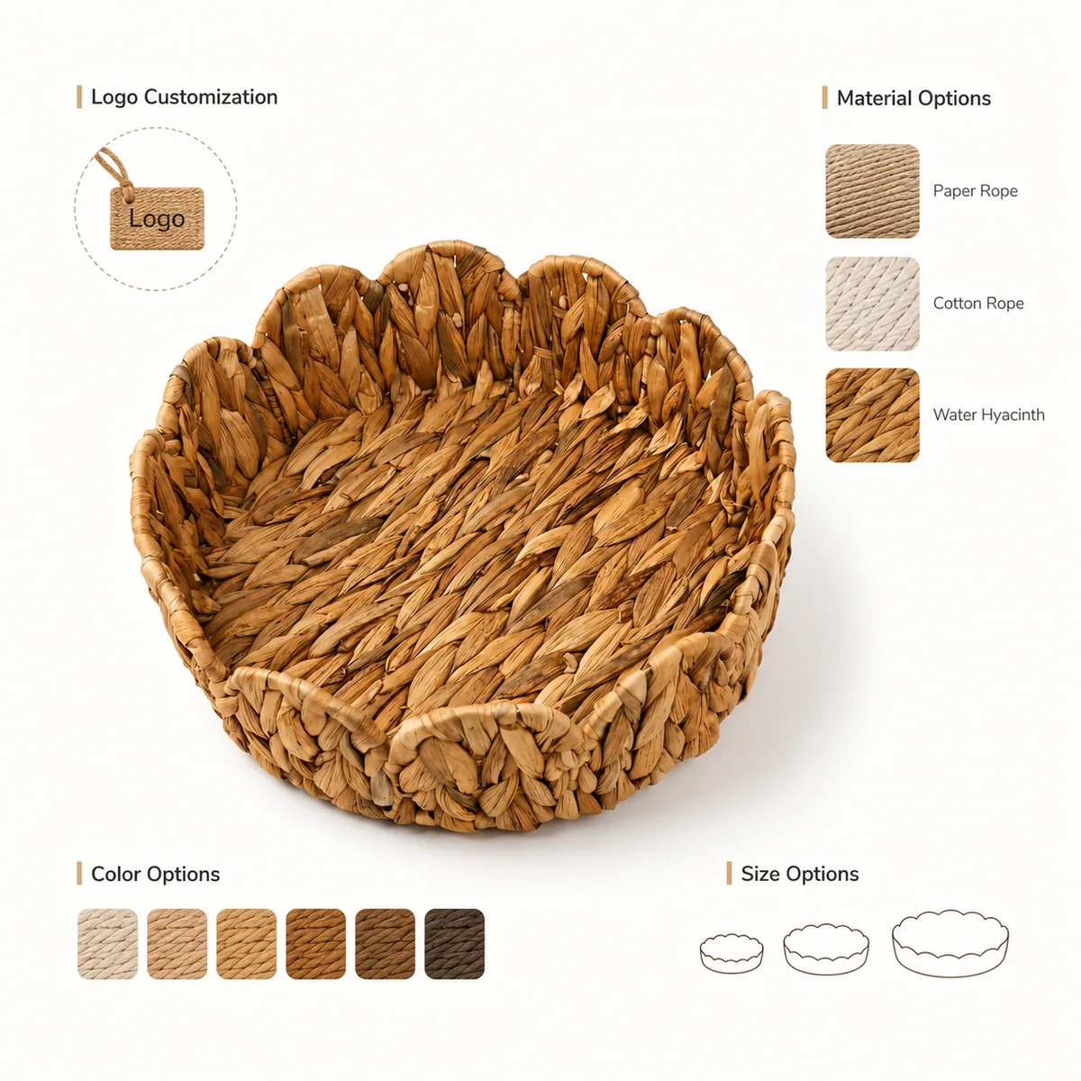 Natural Yellow Brown Water Hyacinth Round Storage Basket with Scalloped Petal Rim