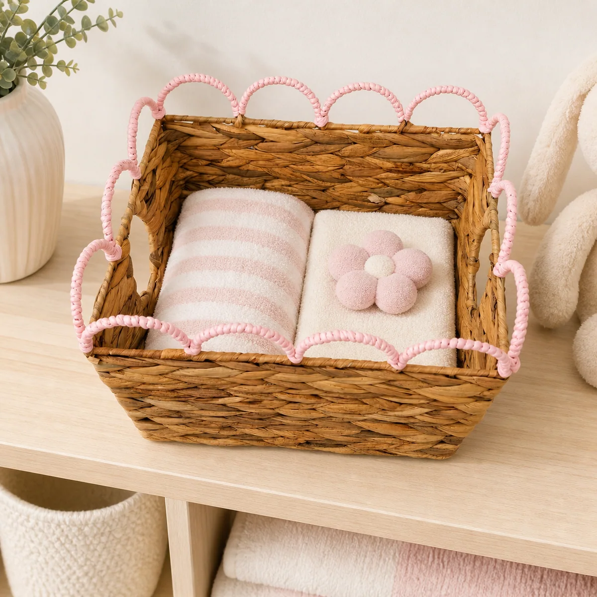 Natural Honey Brown Water Hyacinth Rectangular Storage Basket with Pink Wavy Rail Handles
