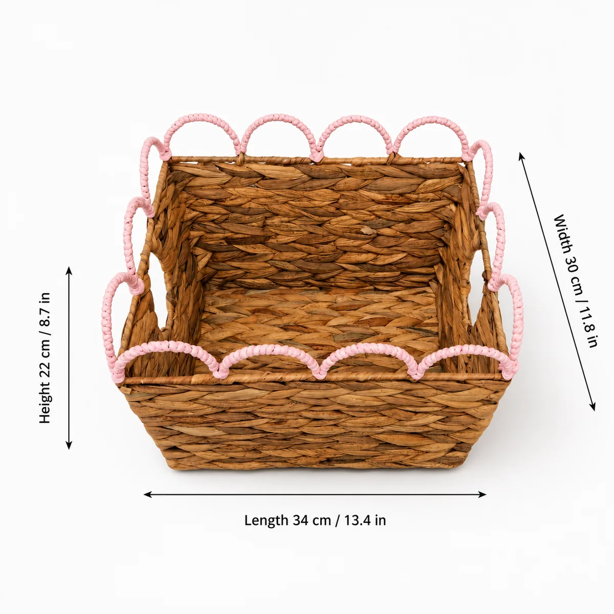 Natural Honey Brown Water Hyacinth Rectangular Storage Basket with Pink Wavy Rail Handles