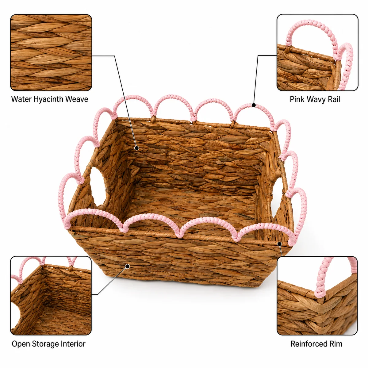 Natural Honey Brown Water Hyacinth Rectangular Storage Basket with Pink Wavy Rail Handles
