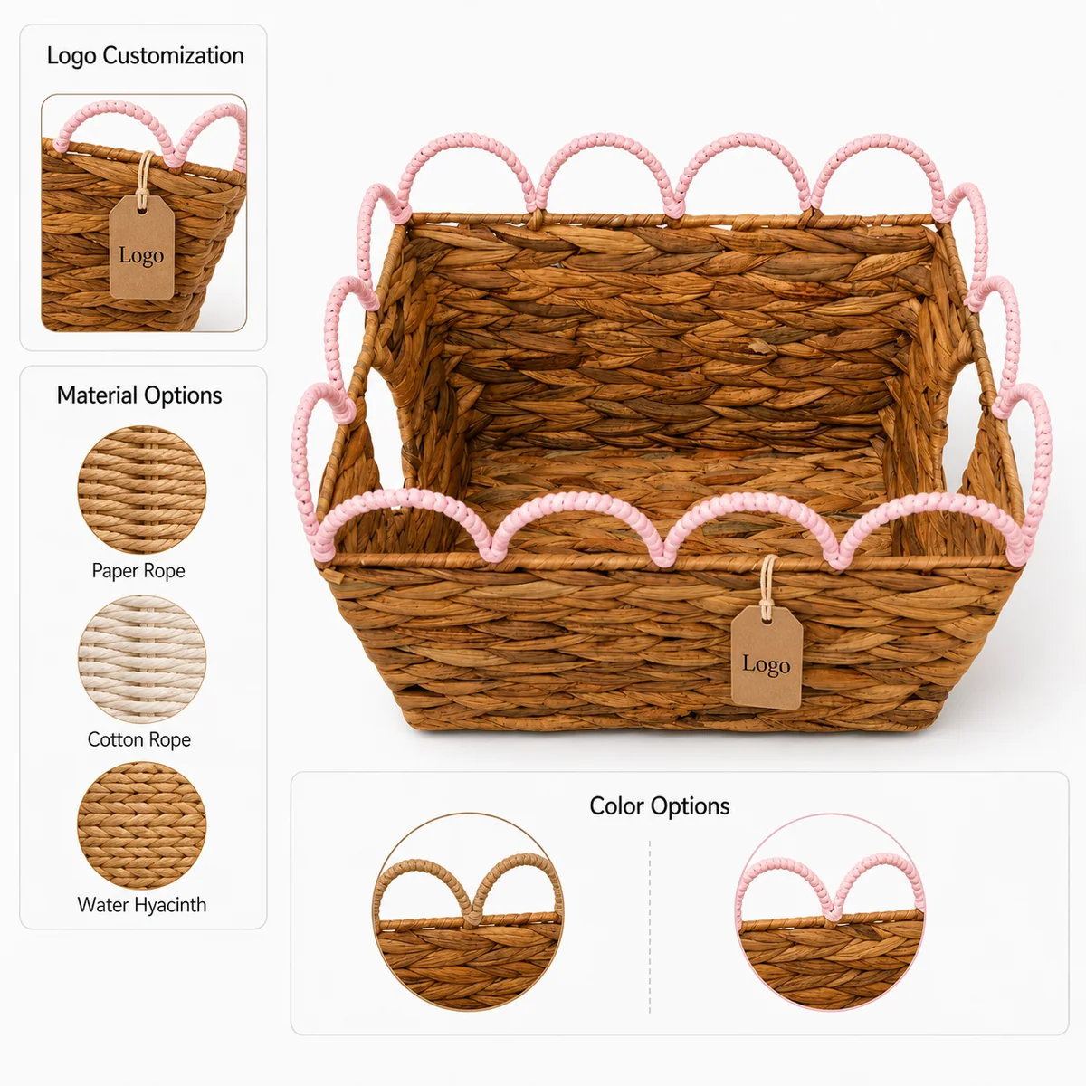 Natural Honey Brown Water Hyacinth Rectangular Storage Basket with Pink Wavy Rail Handles