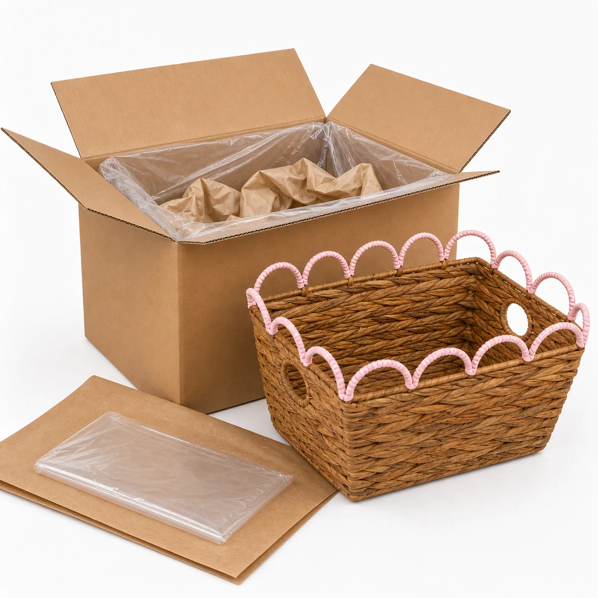 Natural Honey Brown Water Hyacinth Rectangular Storage Basket with Pink Wavy Rail Handles