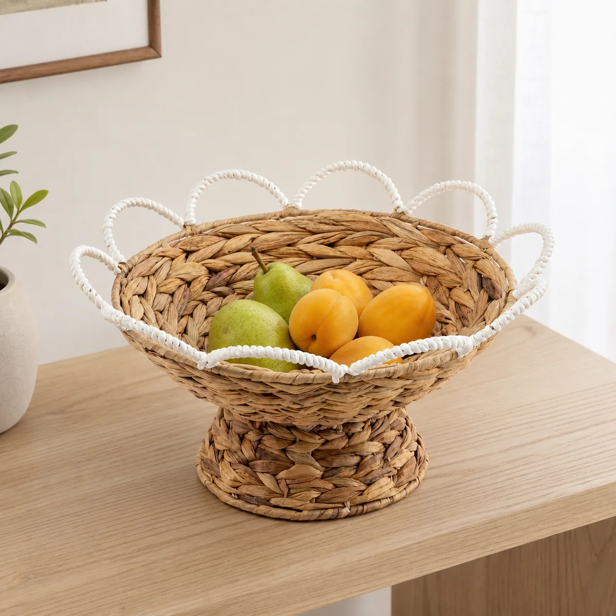 Natural Honey Brown Water Hyacinth Round Pedestal Fruit Basket with White Wavy Rail Handles