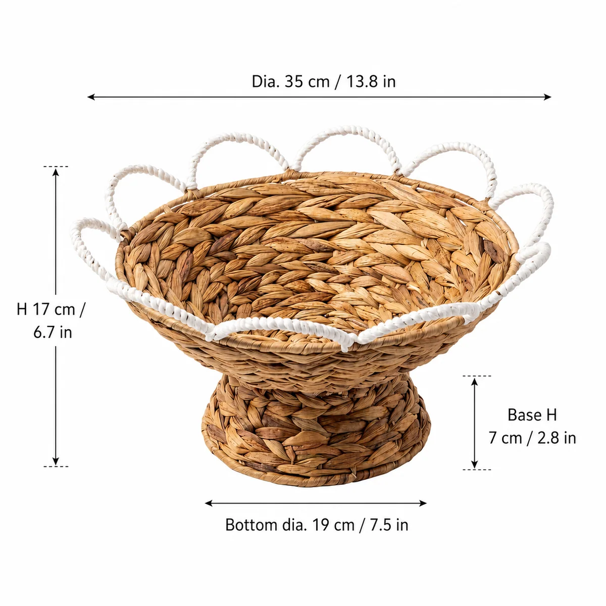Natural Honey Brown Water Hyacinth Round Pedestal Fruit Basket with White Wavy Rail Handles