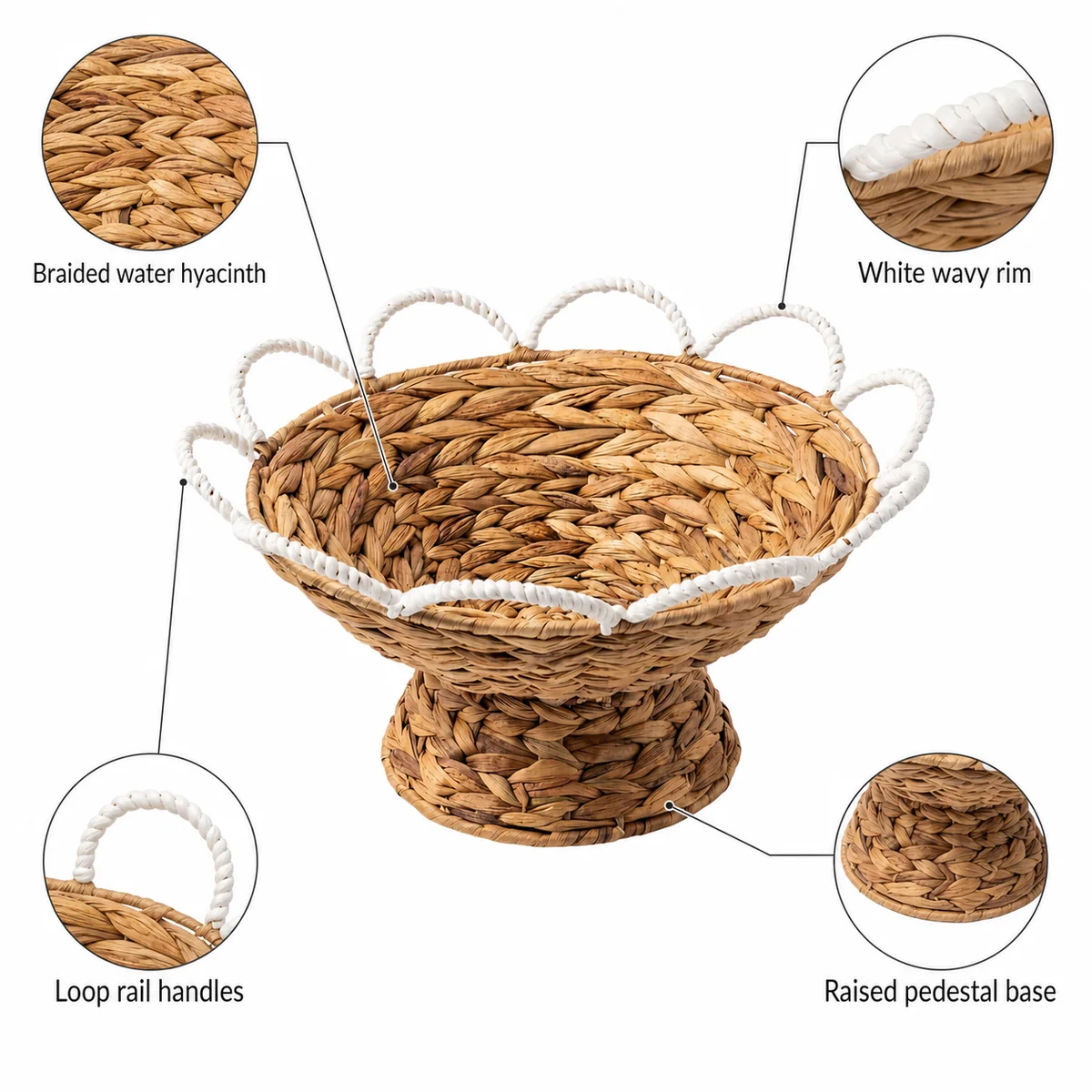 Natural Honey Brown Water Hyacinth Round Pedestal Fruit Basket with White Wavy Rail Handles