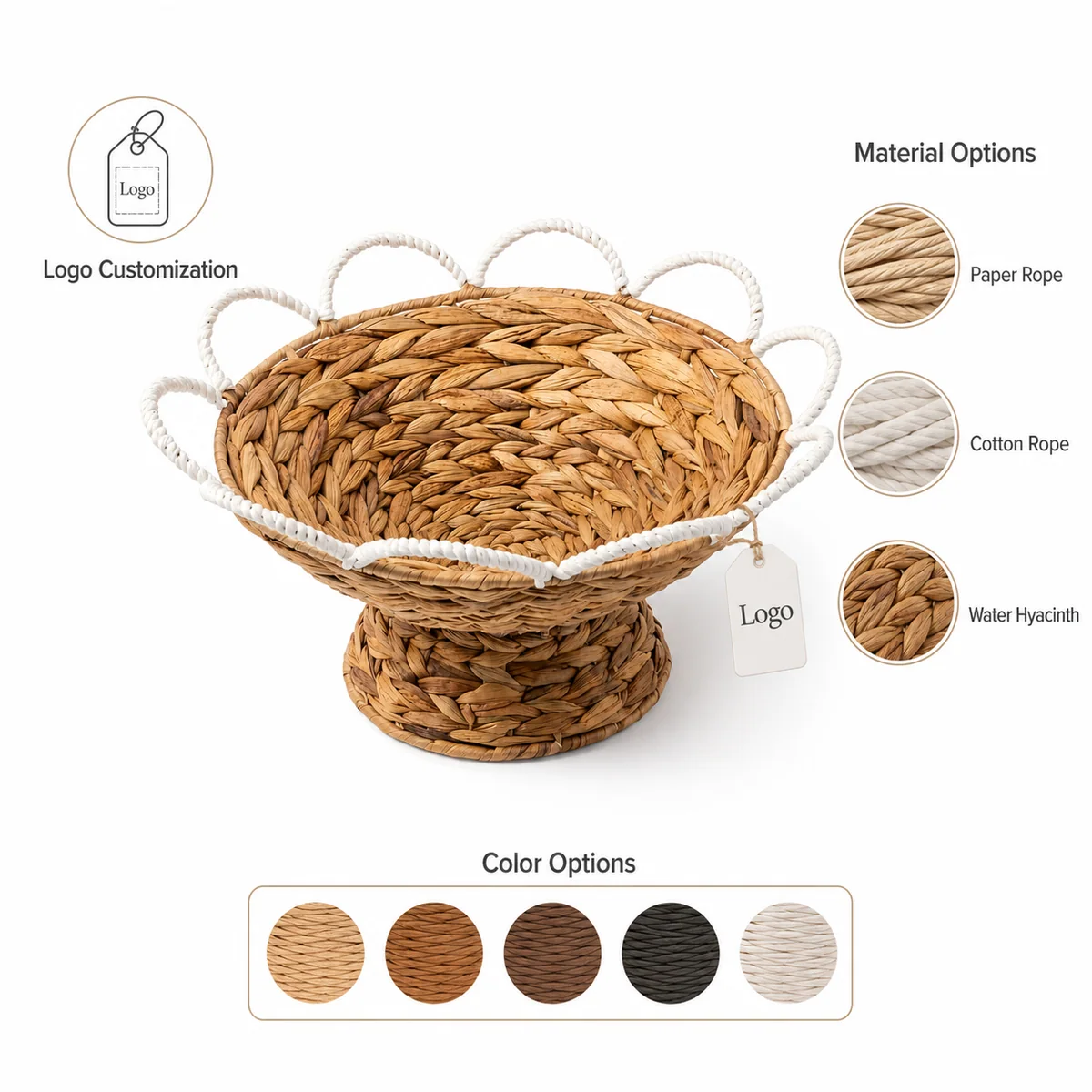 Natural Honey Brown Water Hyacinth Round Pedestal Fruit Basket with White Wavy Rail Handles