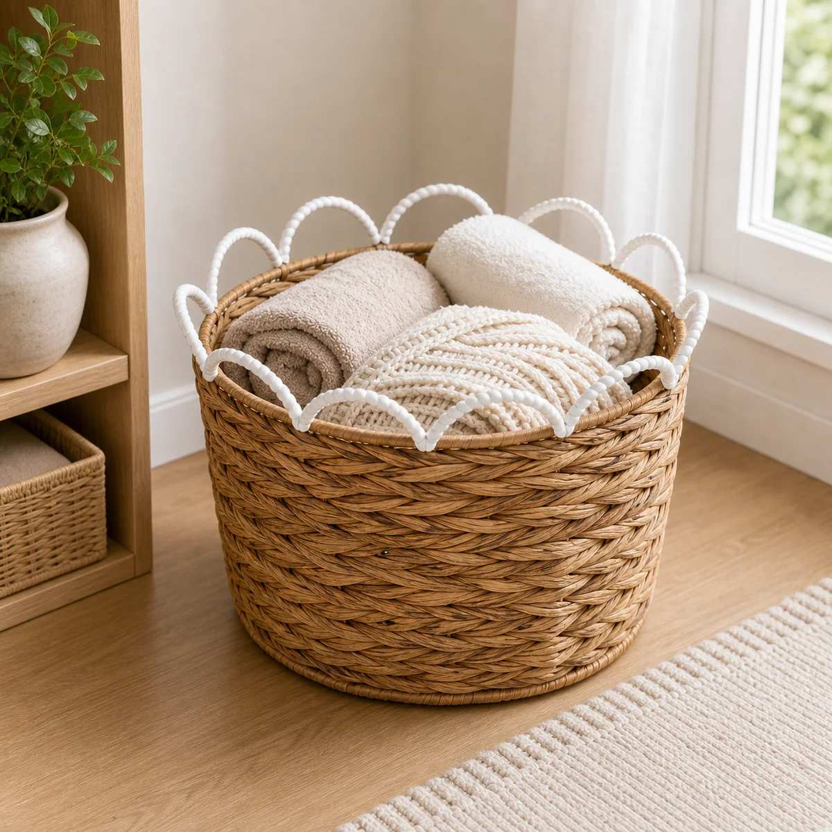 Natural Honey Brown Water Hyacinth Round Storage Basket with White Wavy Rail Handles