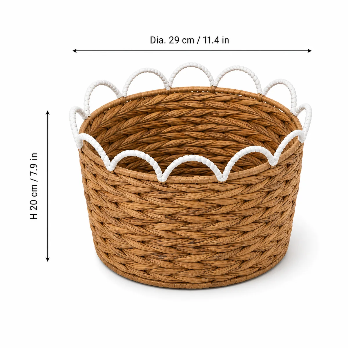 Natural Honey Brown Water Hyacinth Round Storage Basket with White Wavy Rail Handles