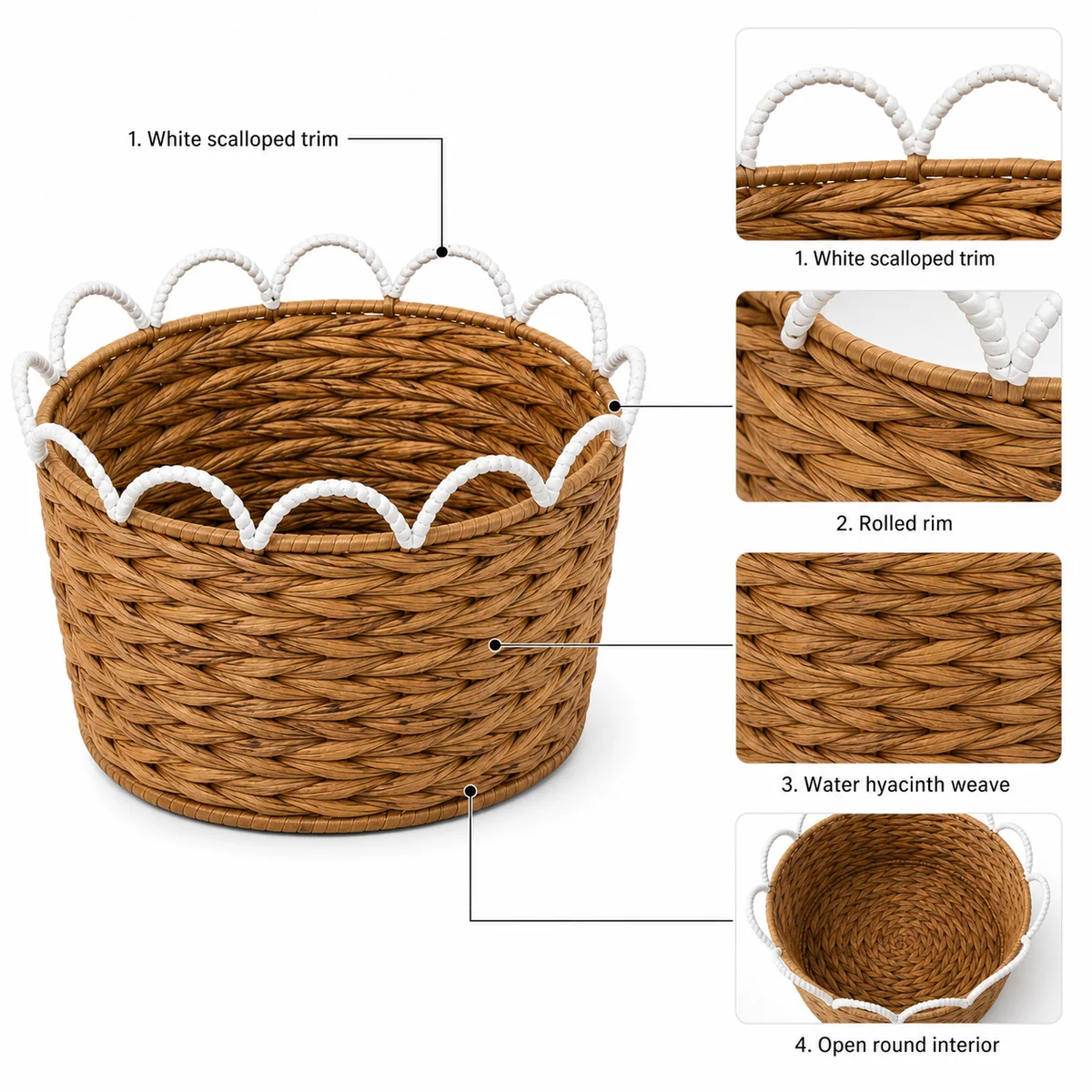 Natural Honey Brown Water Hyacinth Round Storage Basket with White Wavy Rail Handles