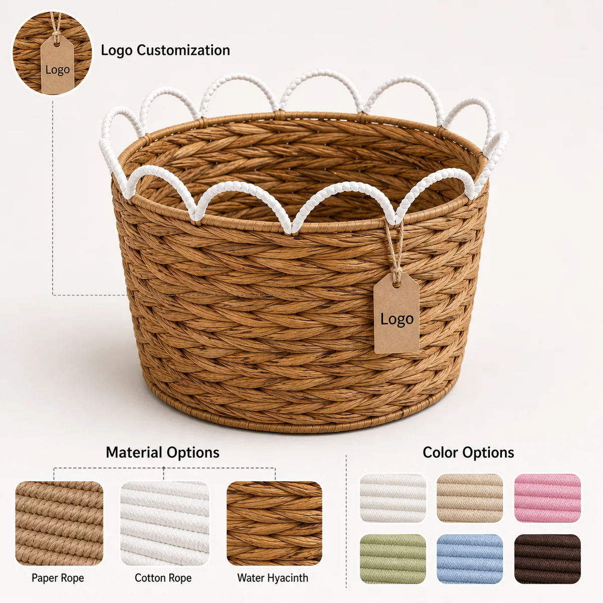 Natural Honey Brown Water Hyacinth Round Storage Basket with White Wavy Rail Handles
